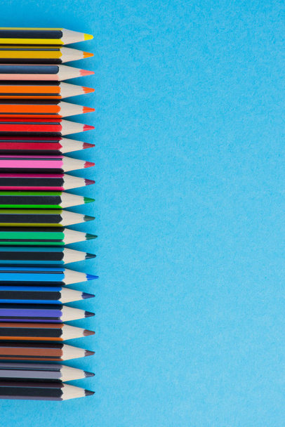 row of colored pencils on the left side on a blue background with copy space, vertical color photo - Photo, image