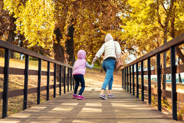 Madre y pequeña hija preescolar divirtiéndose y tonteando en el parque de la ciudad de otoño. Mamá y el niño caminando y saltando sobre un puente de madera rústico en el bosque caen follaje de color dorado. Vista trasera
 - Foto, Imagen