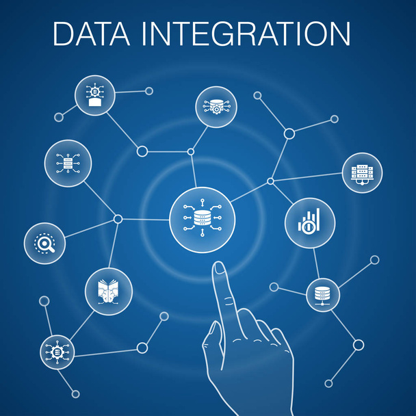 データ統合の概念、青い背景.データベース、データサイエンティスト、分析、機械学習のシンプルなアイコン - ベクター画像