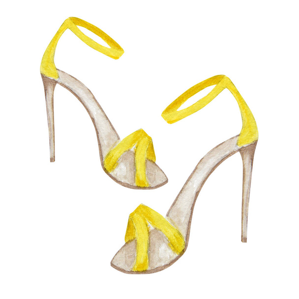 yellow fashion womens shoes on the high heels. Smart luxury lady shoe collection. Painted hand-drawn watercolor Illustration isolated on a white background. - Foto, Bild