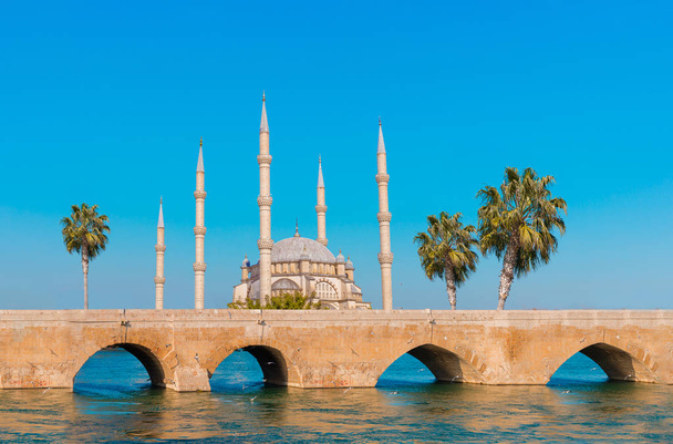 Центральна мечеть Сабі, Кам'яний міст в Адана, місто Туреччини. Адана місто з мечеті мінарети перед річкою Сейхан. - Фото, зображення