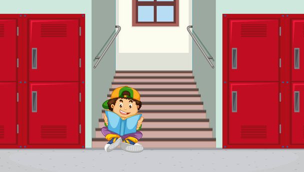 Boy at school stairs reading a book - Vector, Image