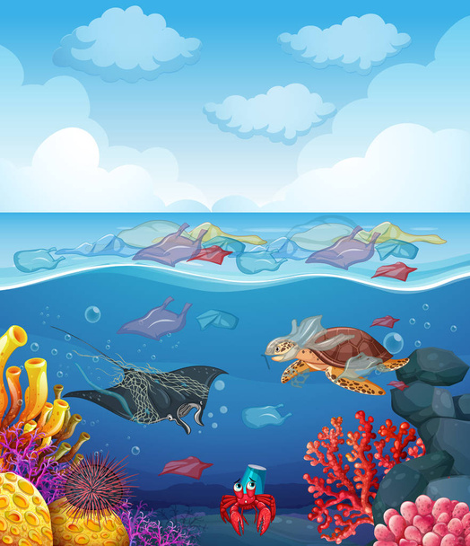 Escena con animales marinos y basura en el océano
 - Vector, imagen
