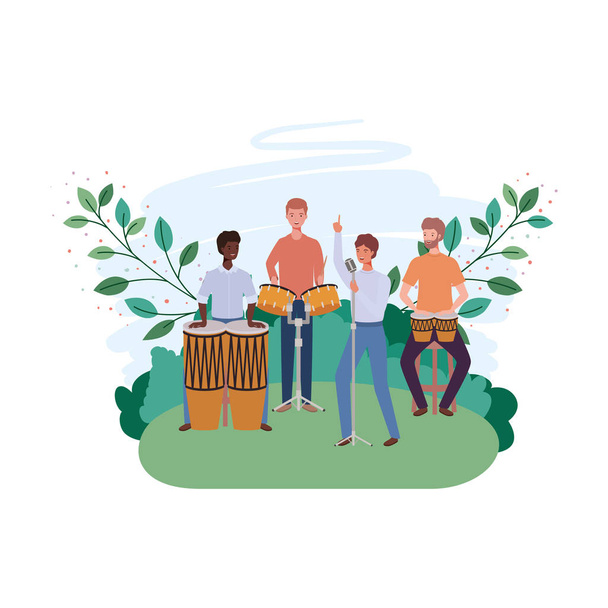 uomini con strumenti musicali e rami e foglie sullo sfondo
 - Vettoriali, immagini