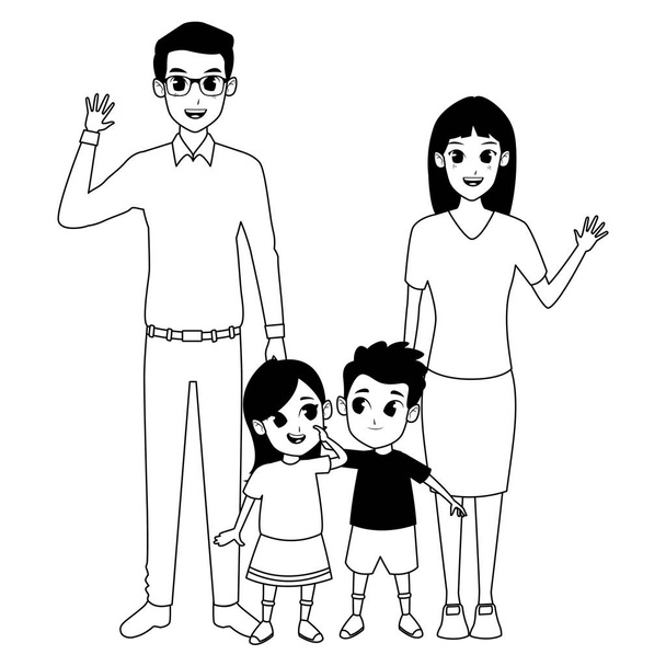 Οικογένεια γονείς και παιδικά κινούμενα σχέδια σε μαύρο και άσπρο - Διάνυσμα, εικόνα