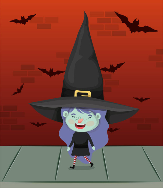 menina com traje de bruxa na parede com morcegos voando
 - Vetor, Imagem