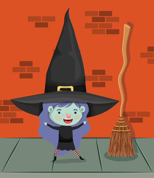 bambina con costume da strega nel muro e scopa
 - Vettoriali, immagini