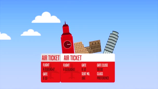 ticket with set of country monuments animation - Footage, Video
