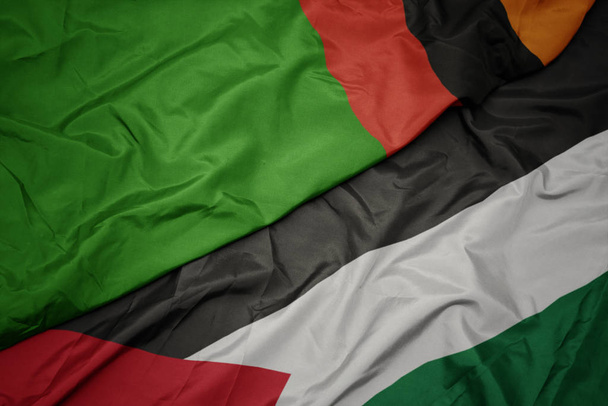 acenando bandeira colorida da Palestina e bandeira nacional da zâmbia
. - Foto, Imagem