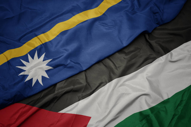 heiluttaa värikäs lippu Palestiinan ja kansallisen lipun Nauru
 . - Valokuva, kuva