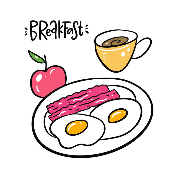 Ontbijt eieren, spek, appel en koffiemok. Hand getekende vector illustratie en belettering. - Vector, afbeelding