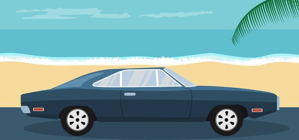 Achtergrond van een blauwe klassieke auto geparkeerd op het strand in de zomer - Vector, afbeelding