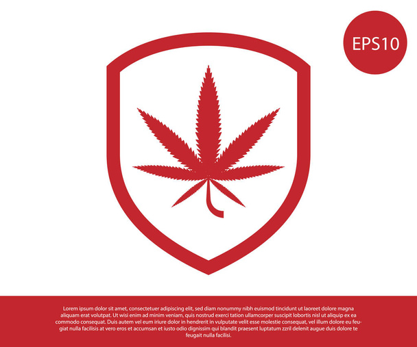 赤い盾とマリファナや大麻の葉のアイコンは、白い背景に隔離されています。マリファナの合法化麻のシンボル。ベクトルイラストレーション - ベクター画像