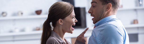 panoramic shot of angry woman yelling at scared husband - 写真・画像