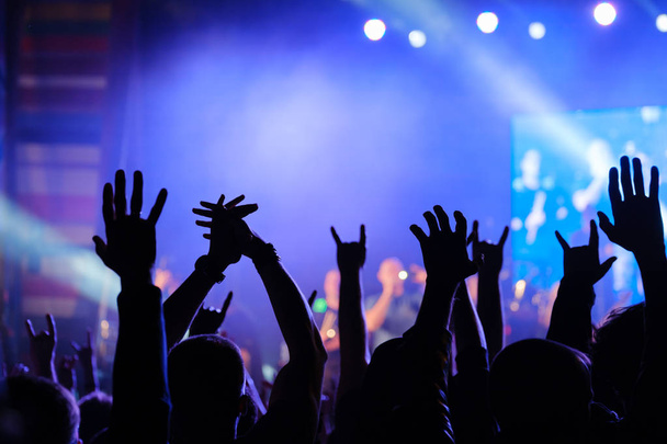 Fani kibicowania muzykom na scenie na koncercie muzyki rockowej - Zdjęcie, obraz