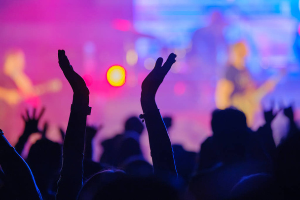 Fans juichen muzikanten op het podium bij Live rock muziek concert - Foto, afbeelding