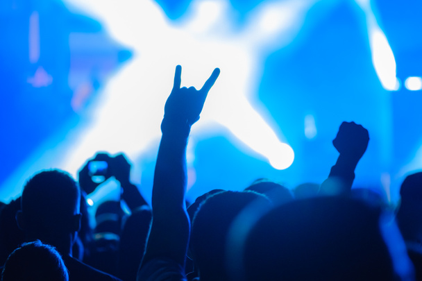 Rajongók éljenző zenészek a színpadon élő rock zenei koncert - Fotó, kép