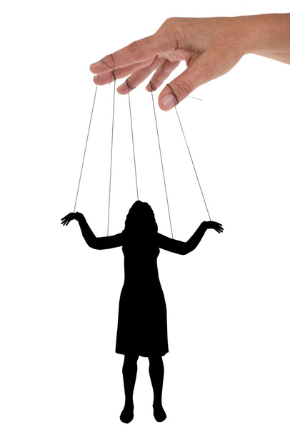 Concept manipulateur pervers avec une femme dans l'ombre chinoise manipulée par les mains sur fond blanc
 - Photo, image