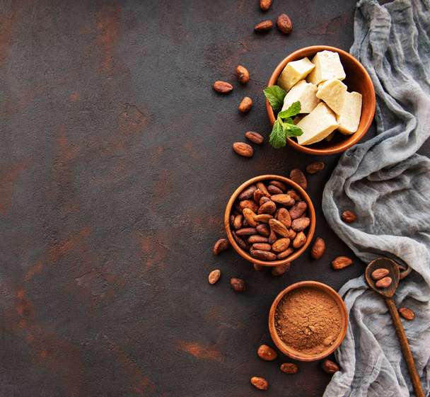Ziarna kakaowca, proszek i masło - Zdjęcie, obraz