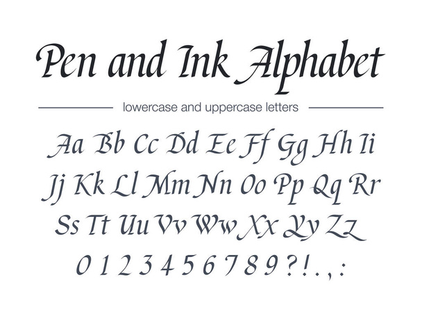 ペンとインクのアルファベット。ユニバーサル 手書きフォント。レトロなスタイルの古典的なスクリプト。ヴィンテージビジネスロゴデザイン。文字、数字を持つ現代ベクトル書体 - ベクター画像