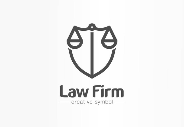 Ügyvédi iroda kreatív szimbólum fogalmát. Ügyvédi iroda, jogi, igazságügyi, védelmi absztrakt üzleti logo ötlet. Skála és pajzs, ügyvéd ikon - Vektor, kép