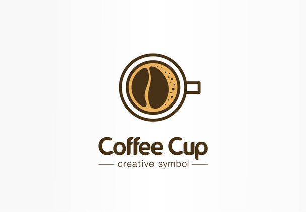 Pohled na šálek kávy s tvarem tvaru fazolí, kreativní symbol. Cafe menu, restaurace abstrakt Business logo idea. Nová ikona espressa - Vektor, obrázek