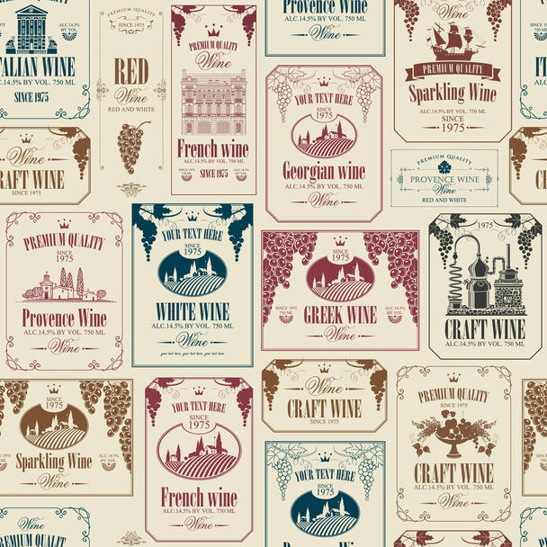 Vector seamless pattern with various wine labels - Vector, Image