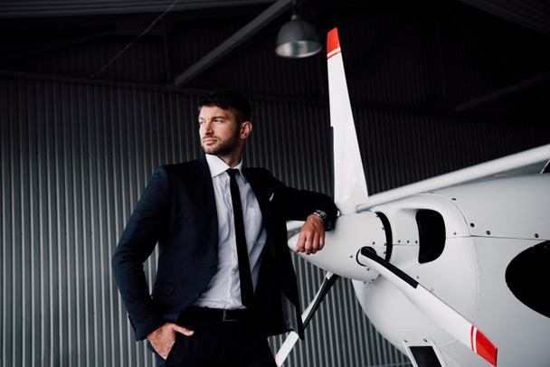 confident businessman in formal wear standing with hand in pocket near plane - Zdjęcie, obraz