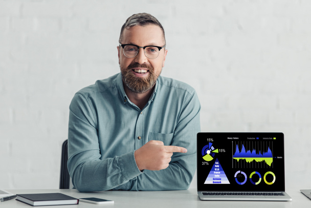 handsome businessman in shirt pointing with finger at laptop with charts and graphs website  - Foto, imagen