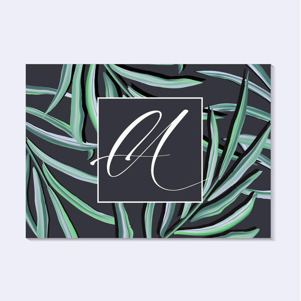 Tropical hand-drawn palm leaves on navy background. Vector foliage decoration. Greenery design - Vector, Image
