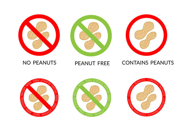 Conjunto de seis autocolantes sem alergias, sem sinais de aviso de amendoins. Ilustração vetorial isolada vermelha e verde. Usável para embalagens de produtos, cartazes, banners
 - Vetor, Imagem