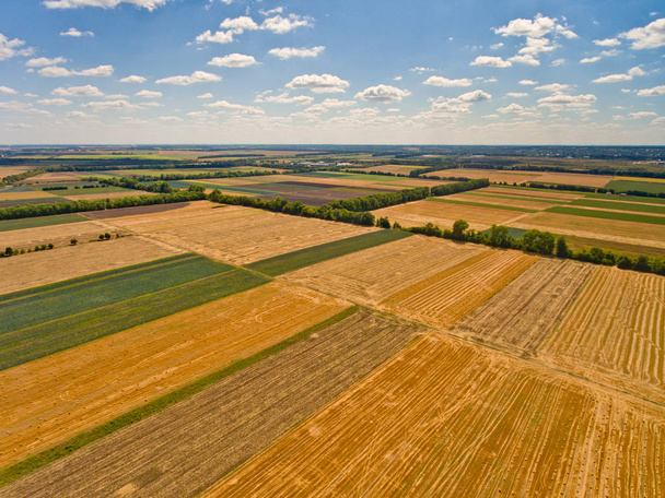 Bela vista aérea de campos agrícolas e céu azul com nuvens brancas
. - Foto, Imagem