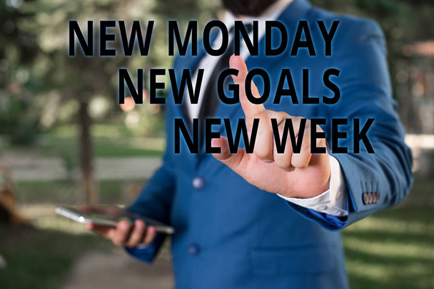 Word writing text New Monday New Week New Goals. Business concept for showcasing next week resolutions To do list Businessman with pointing finger in front of him. - Photo, Image