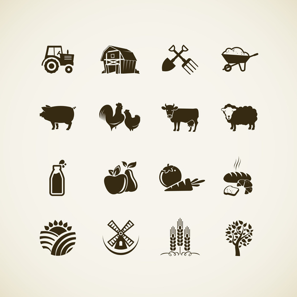 Conjunto de iconos de la granja: animales de granja, producción de alimentos y bebidas, productos ecológicos, maquinaria y herramientas en la granja
. - Vector, imagen