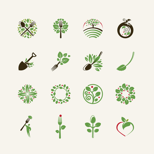 Набор экологически чистых пищевых икон для ресторанов, производства продуктов питания, органических продуктов
 - Вектор,изображение