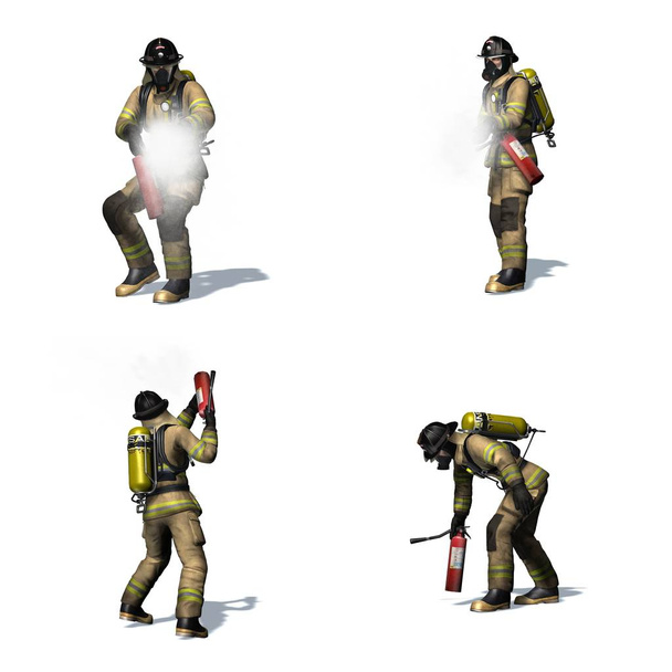 消火器付消防士のセット - 異なるビュー - 白い背景に隔離 - 3Dイラスト - 写真・画像