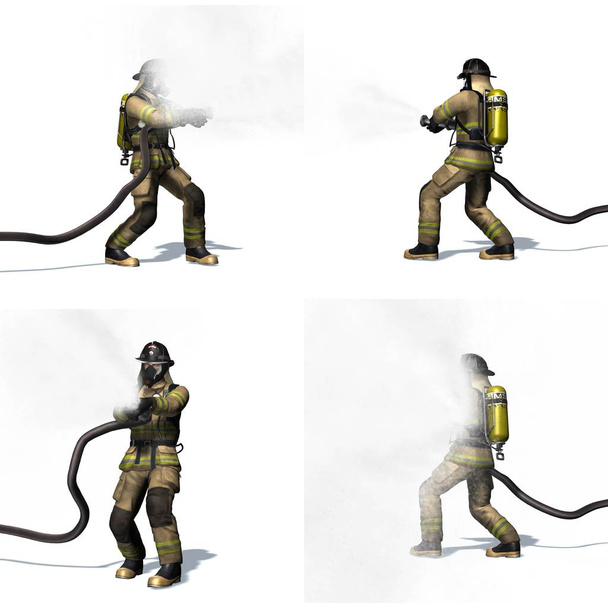 Sada hasičů s vodní hadicí-různá zobrazení-izolovaná na bílém pozadí-3D ilustrace - Fotografie, Obrázek