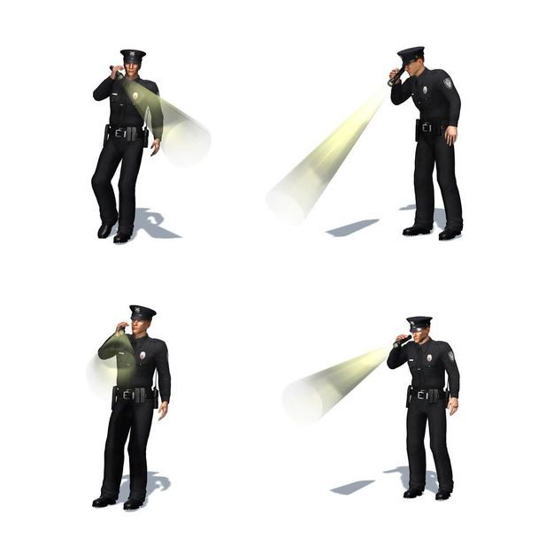 Sada policejních kontrol s baterkou-různé pohledy-izolované na bílém pozadí-3D ilustrace - Fotografie, Obrázek