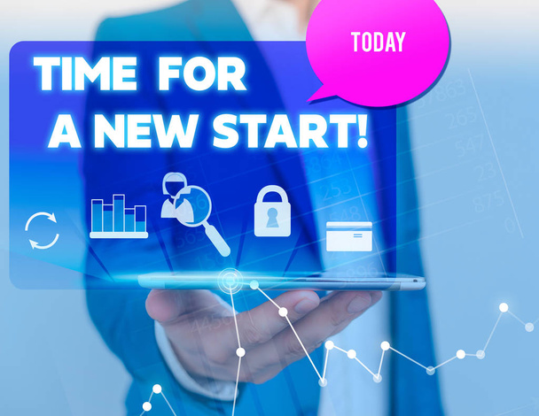 Text sign showing Time For A New Start. Conceptual photo something is supposed to begin right now Fresh job man icons smartphone speech bubble office supplies technological device. - Photo, Image