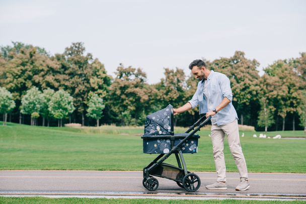 щасливий батько гуляє з дитячим коляскою в зеленому парку
 - Фото, зображення