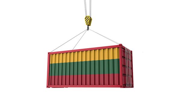 Lithuania flag cargo trade container hanging from a crane. 3D Render - Fotografie, Obrázek