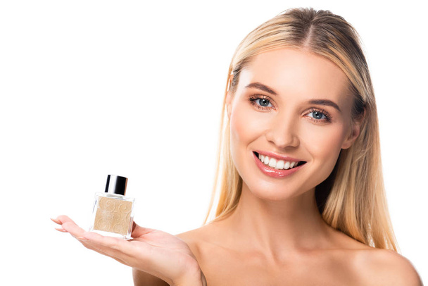 beyaz izole parfüm ile çıplak mutlu kadın - Fotoğraf, Görsel