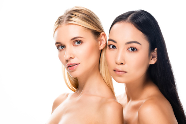 beautiful european blonde and asian brunette naked women isolated on white - Photo, Image