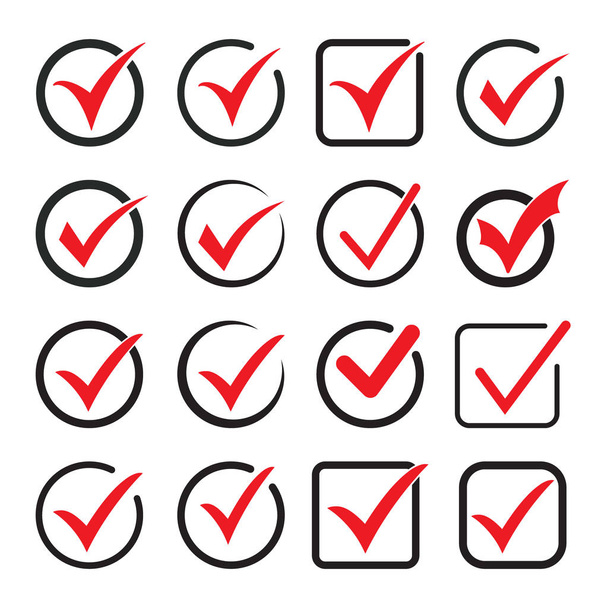 赤い目盛りアイコンベクトル記号、白い背景に隔離されたチェックマーク、チェックアイコンまたは正しい選択記号、チェックマークまたはチェックボックスピクトグラム - ベクター画像