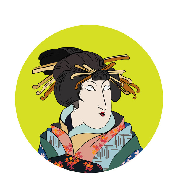 Japanse Geisha in cirkel achtergrond.Traditionele Japanse golf poster.Japanse vrouwen in kimono met pioenbloesem.illustratie en kleurboek. - Vector, afbeelding