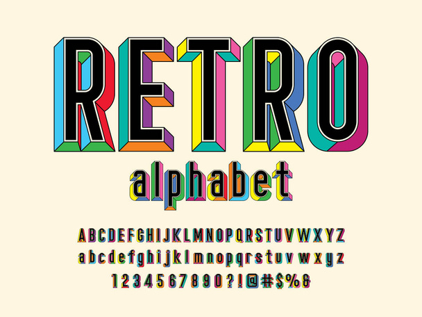 Design de alfabeto em relevo estilo retro com letras maiúsculas, minúsculas, números e símbolos
 - Vetor, Imagem