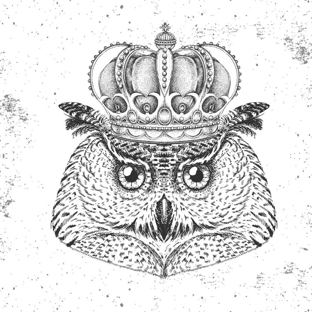 Hipster búho pájaro en corona. Dibujo a mano Boquilla de búho pájaro
 - Vector, imagen