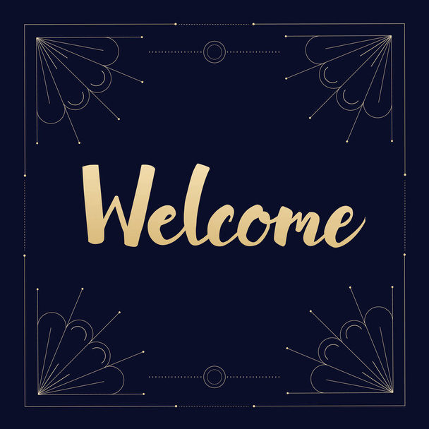 Vector illustration of Welcome poster. Gold sign on dark background, with golden delicate thin oriental pattern. Type design, hand lettering, typography. For invitation, banner, web template. - Vektor, obrázek