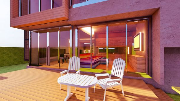 brandneues Traumhaus mit Veranda 3D-Rendering - Foto, Bild