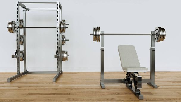 Equipamento de treinamento de peso em sala vazia branca no piso em parquet - 3D Rendering
 - Foto, Imagem
